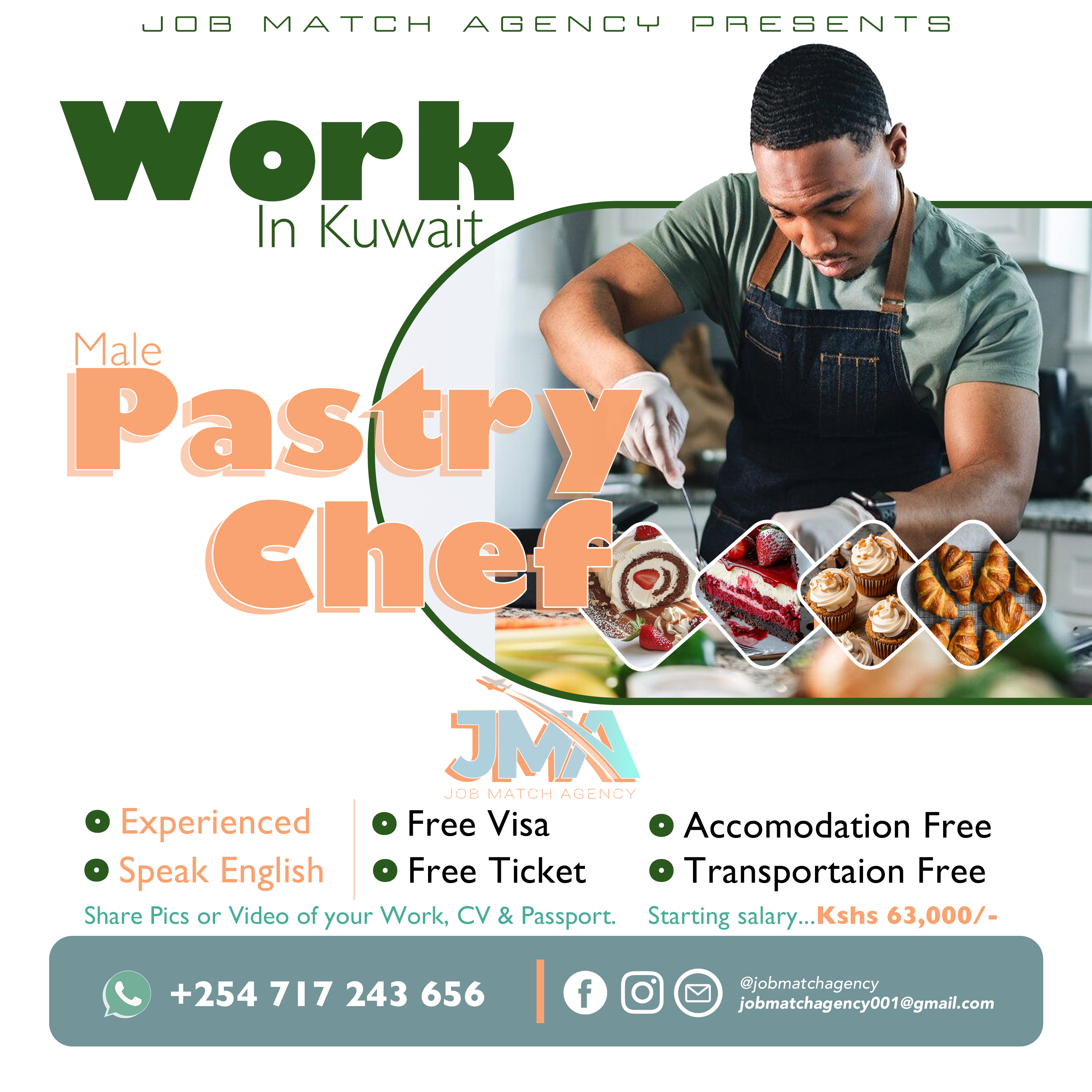 'One Male Pastry Chef is needed in Kuwait.Share your Work with us and qualify for the job interview.'